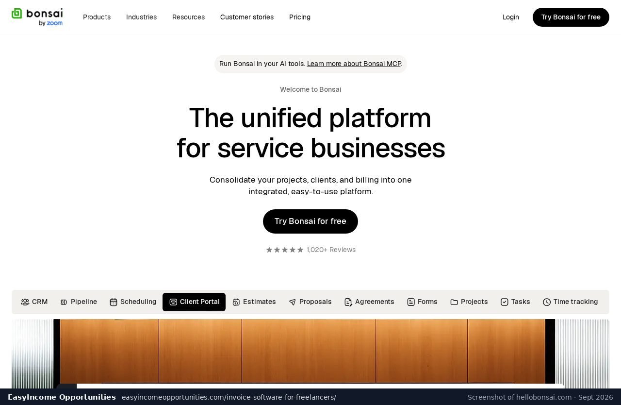 Bonsai invoicing page screenshot