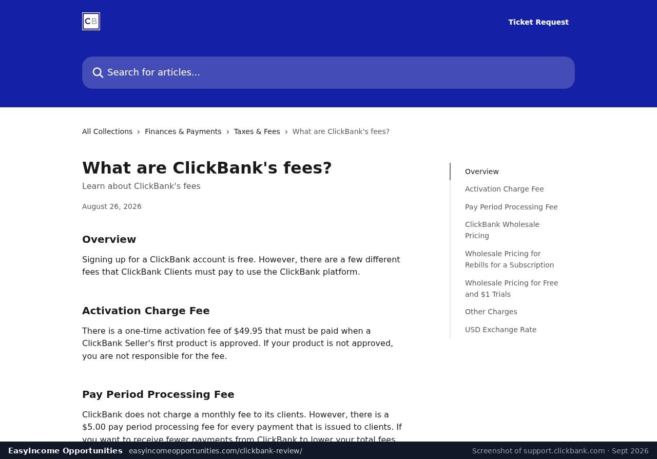 ClickBank support article listing its fees, including the $5 pay period processing fee (screenshot, September 2026)