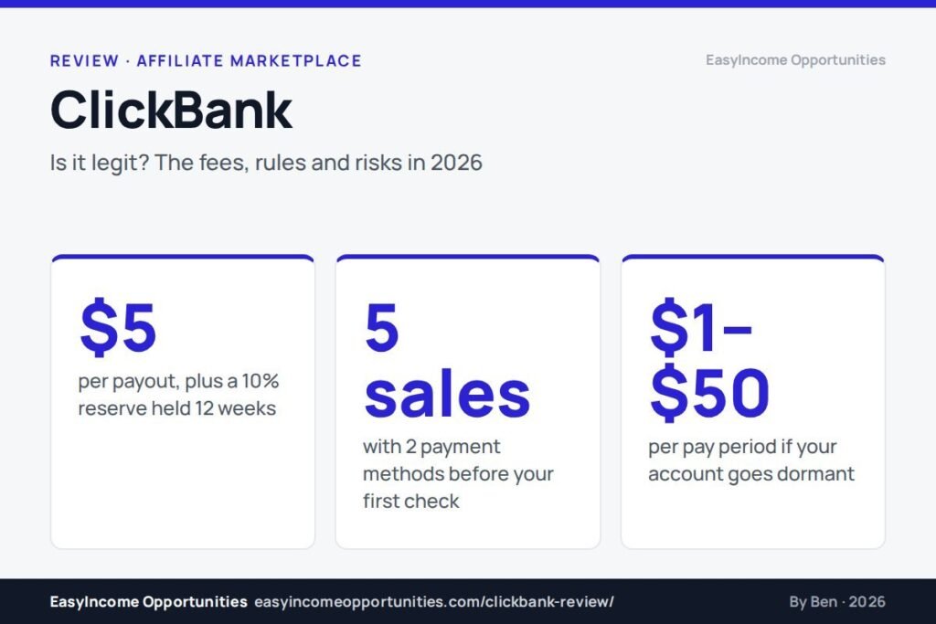 ClickBank review 2026 header: $5 per payout plus 10% reserve, 5 sales with 2 payment methods, $1-$50 dormant fees