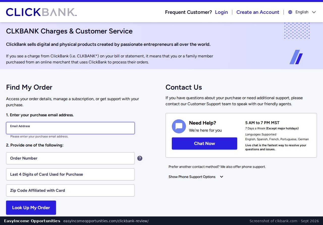 ClickBank customer service page explaining CLKBANK* charges with an order lookup form (screenshot, September 2026)