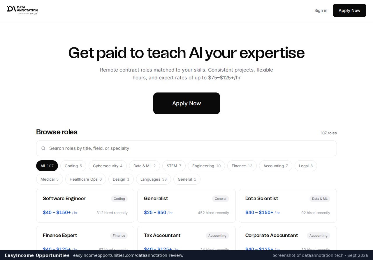 DataAnnotation homepage with roles such as Software Engineer at $40-$150+ per hour (screenshot, September 2026)