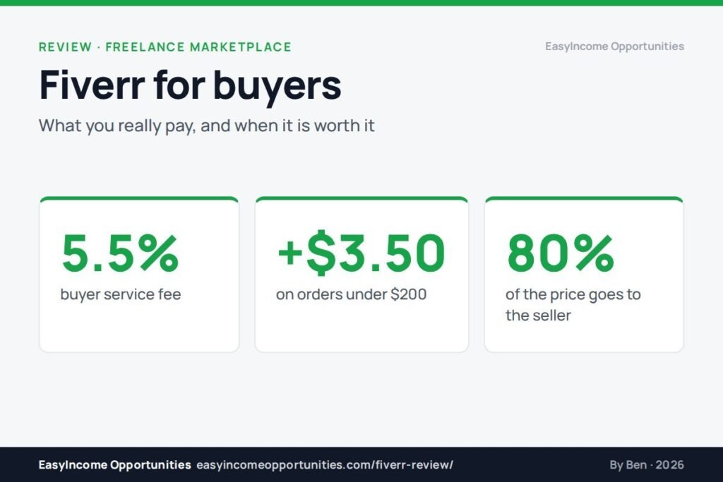 Fiverr review 2026 header showing the 5.5% buyer fee, $3.50 small-order fee and 80% seller share