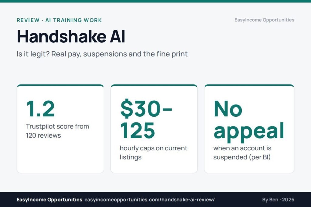 Handshake AI review 2026 header: 1.2 Trustpilot score, $30-125 hourly caps, no appeal on suspensions