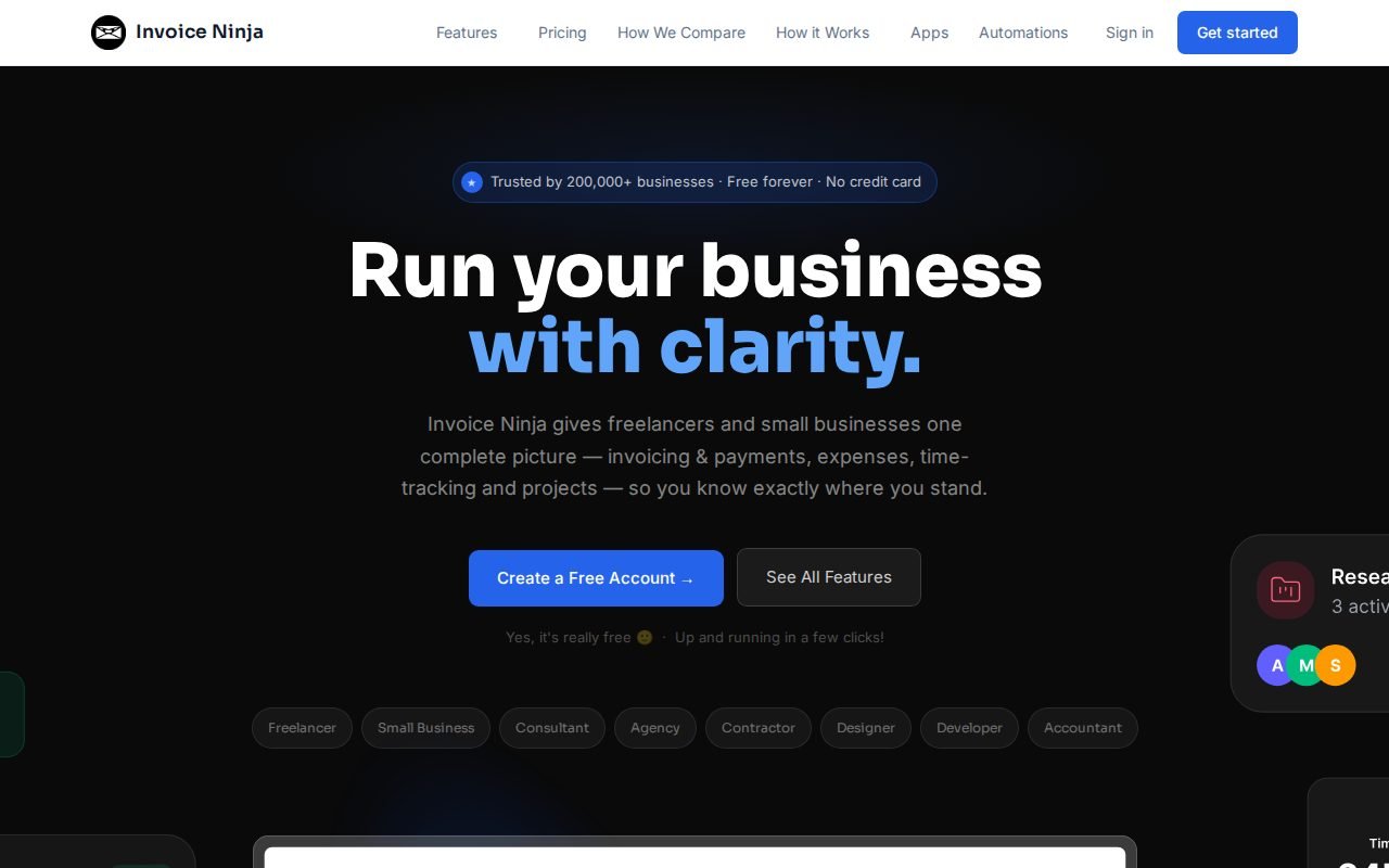 Invoice Ninja homepage screenshot