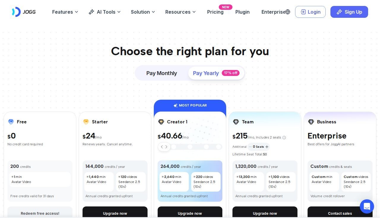JoggAI pricing page screenshot