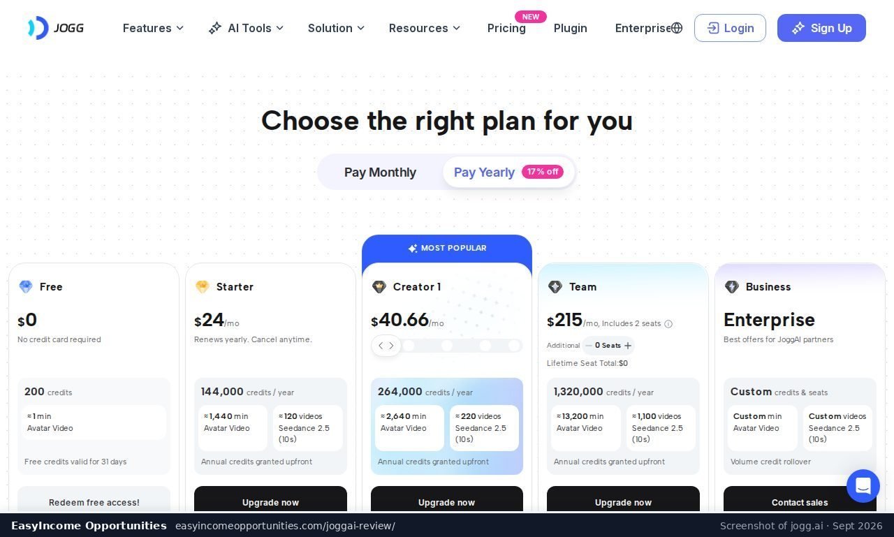 JoggAI pricing page screenshot