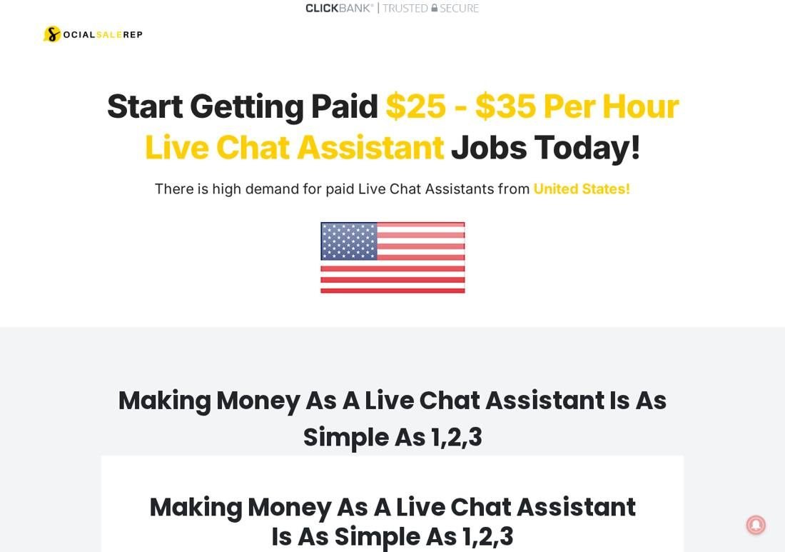 Social Sale Rep landing page headline: Start Getting Paid $25 - $35 Per Hour Live Chat Assistant Jobs Today, with a US flag