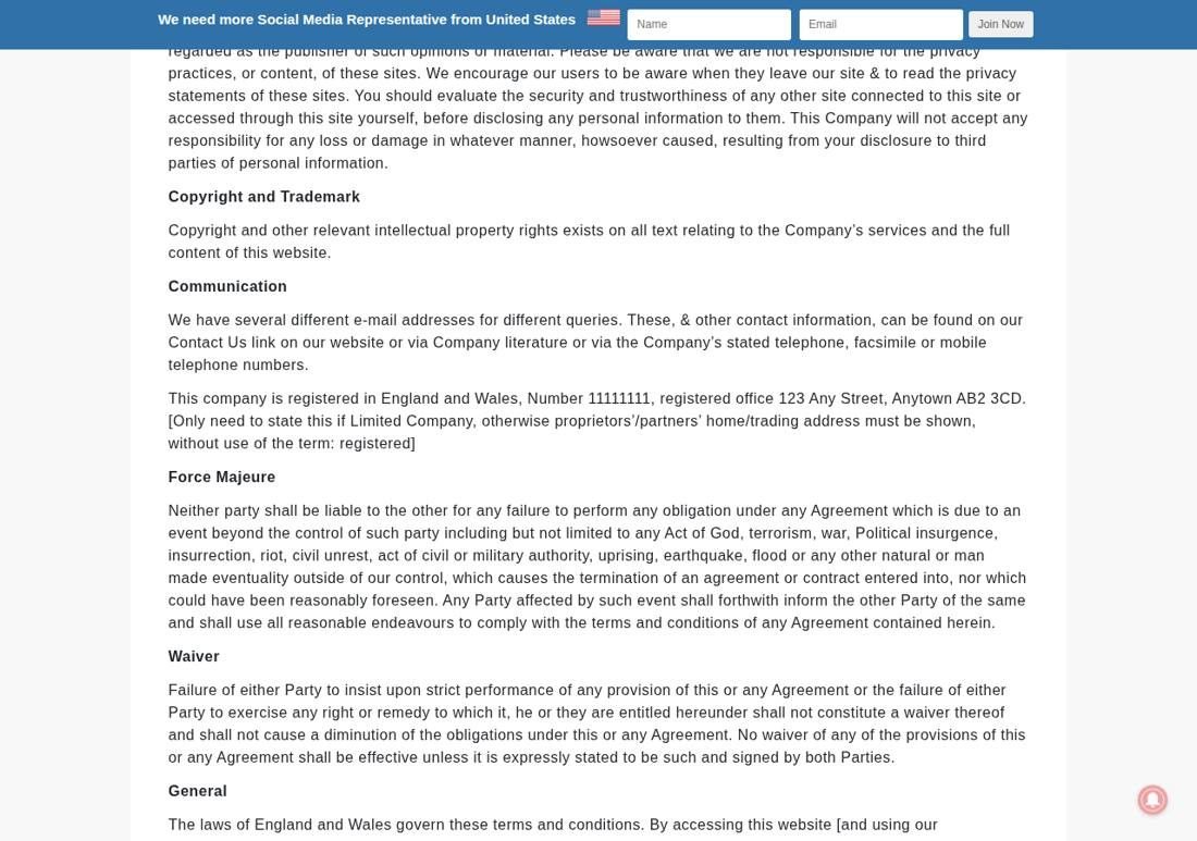 Social Sale Rep terms and conditions page showing the text 'registered in England and Wales, Number 11111111, registered office 123 Any Street, Anytown AB2 3CD'
