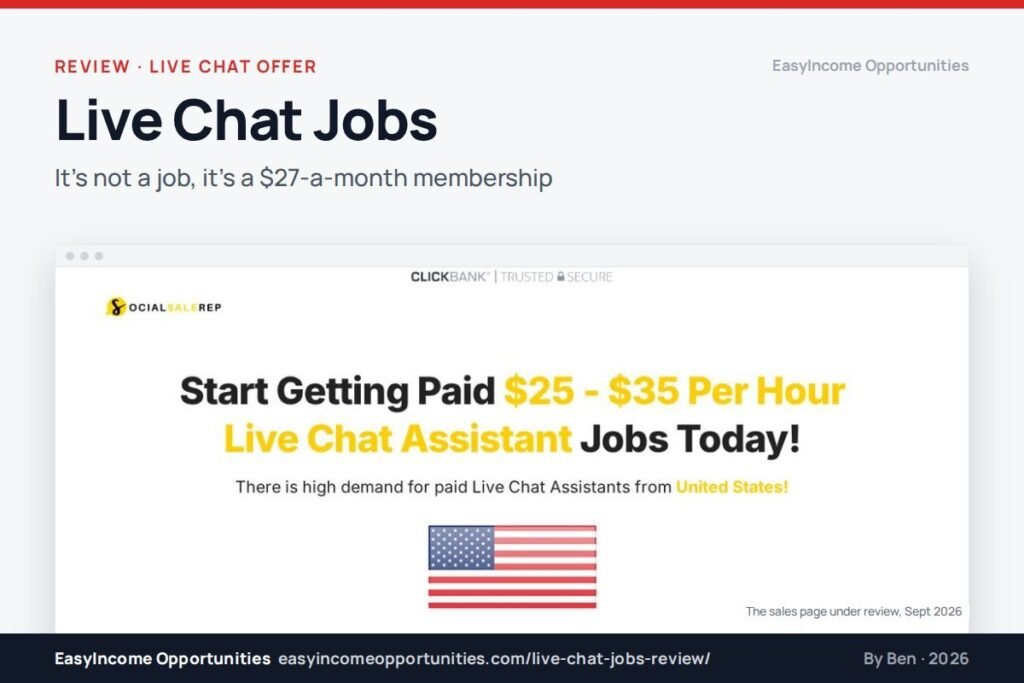 Live Chat Jobs review header with the Social Sale Rep sales page under review