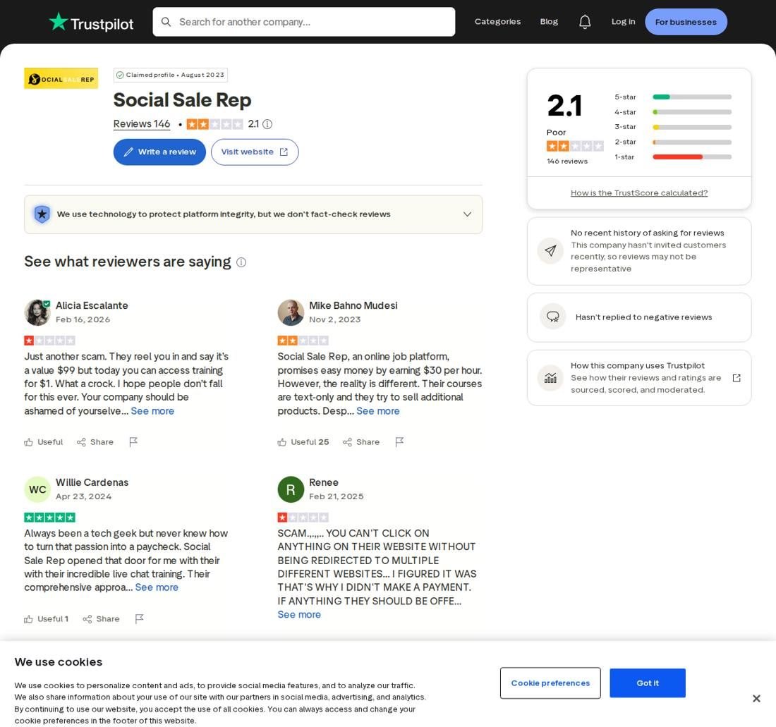 Trustpilot profile for Social Sale Rep showing a 2.1 rating from 146 reviews and the label Poor