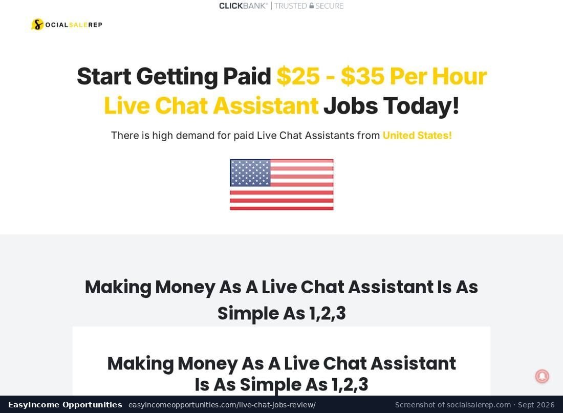 Social Sale Rep landing page headline: Start Getting Paid $25 - $35 Per Hour Live Chat Assistant Jobs Today, with a US flag