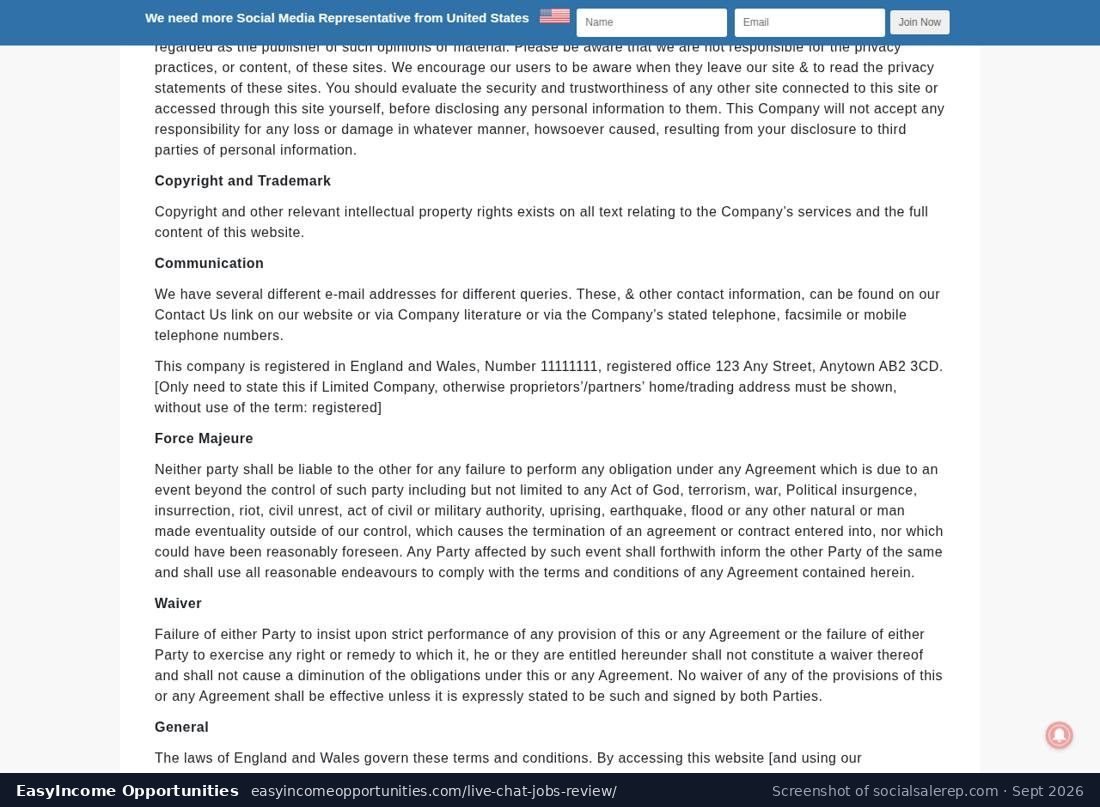 Social Sale Rep terms and conditions page showing the text 'registered in England and Wales, Number 11111111, registered office 123 Any Street, Anytown AB2 3CD'