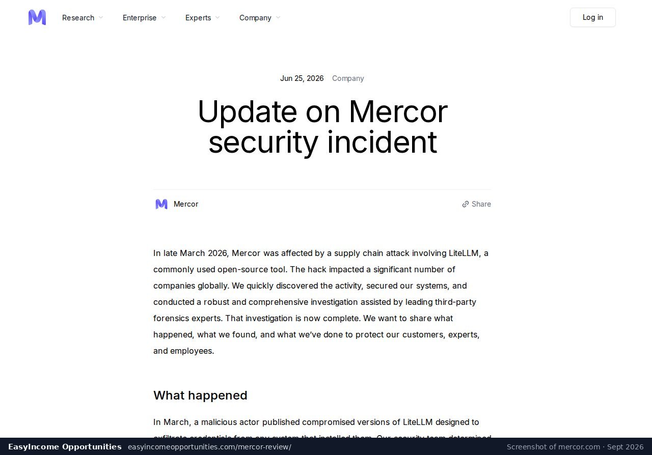 Mercor update on its 2026 security incident tied to the LiteLLM supply-chain attack (screenshot, September 2026)