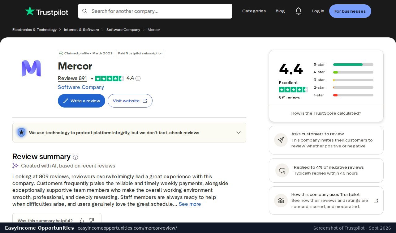 Mercor Trustpilot profile with a 4.4 score from 891 reviews (screenshot, September 2026)