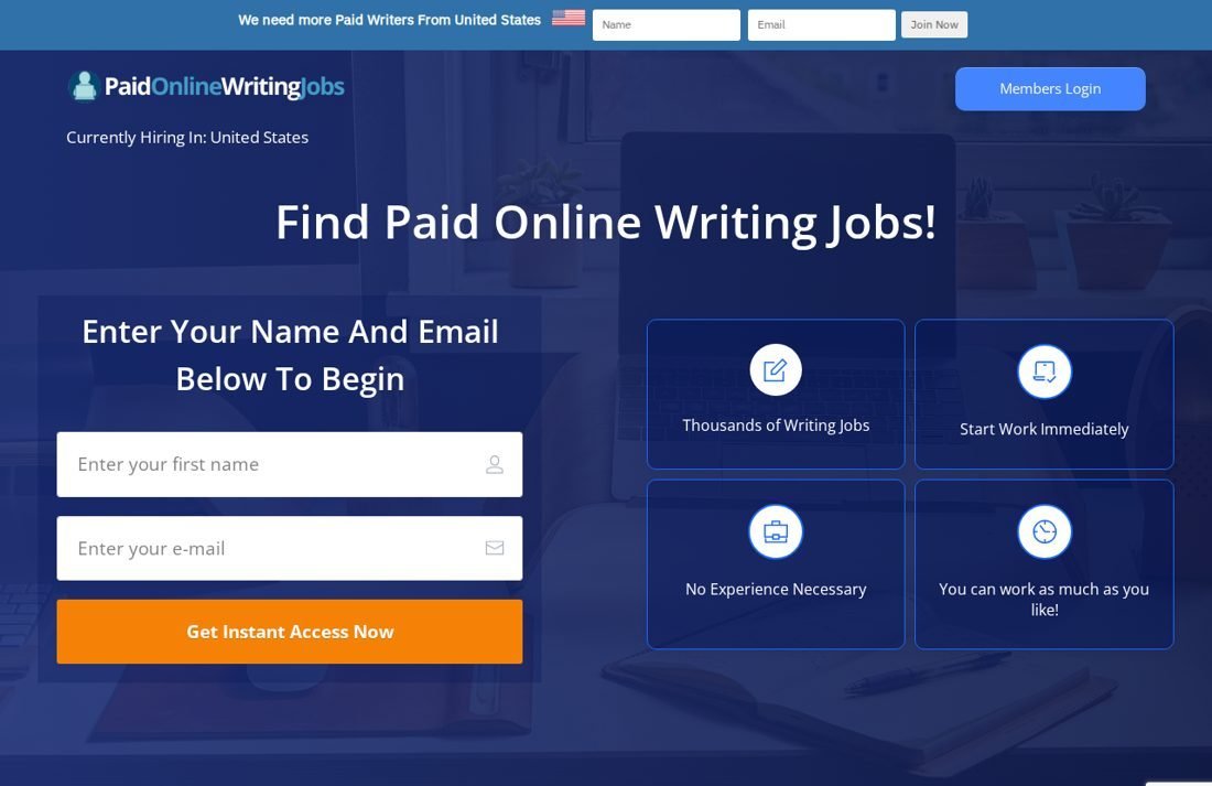 Paid Online Writing Jobs landing page showing 'Currently Hiring In: United States' above a name and email form