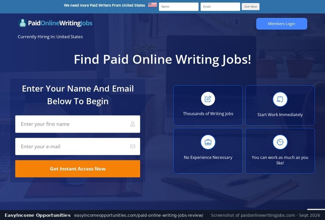 Paid Online Writing Jobs landing page showing 'Currently Hiring In: United States' above a name and email form