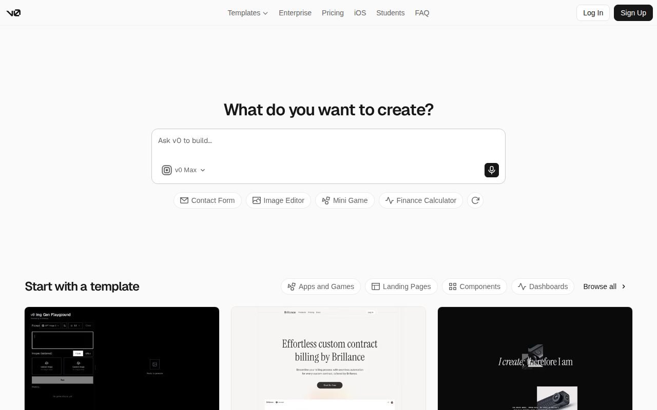 v0 by Vercel homepage screenshot