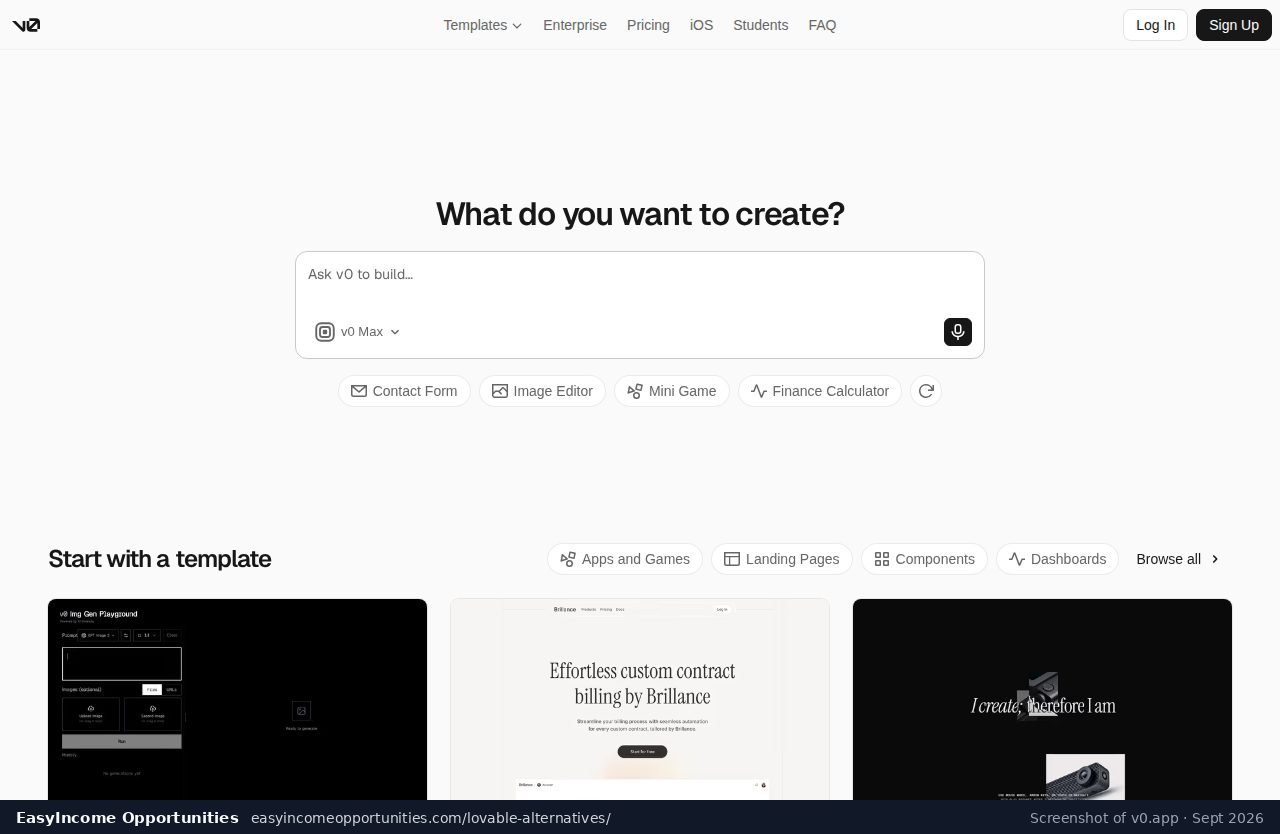 v0 by Vercel homepage screenshot