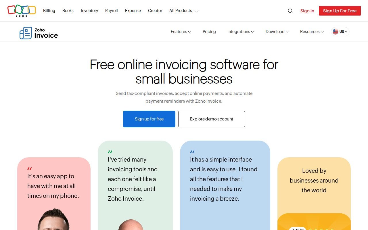 Zoho Invoice homepage screenshot