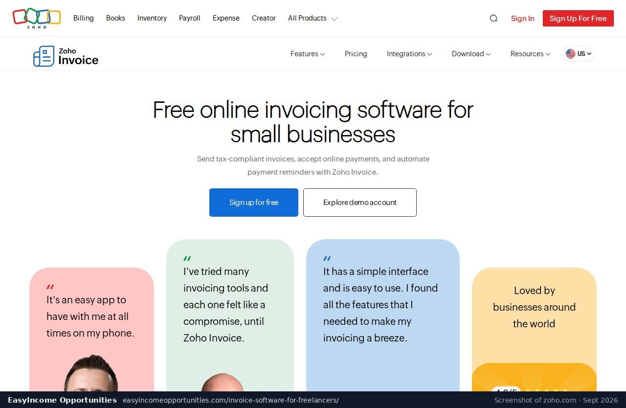 Zoho Invoice homepage screenshot