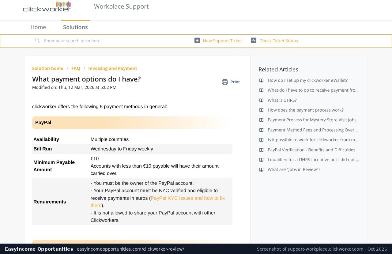 Clickworker help center showing weekly PayPal payouts with a 10 euro minimum (screenshot, October 2026)