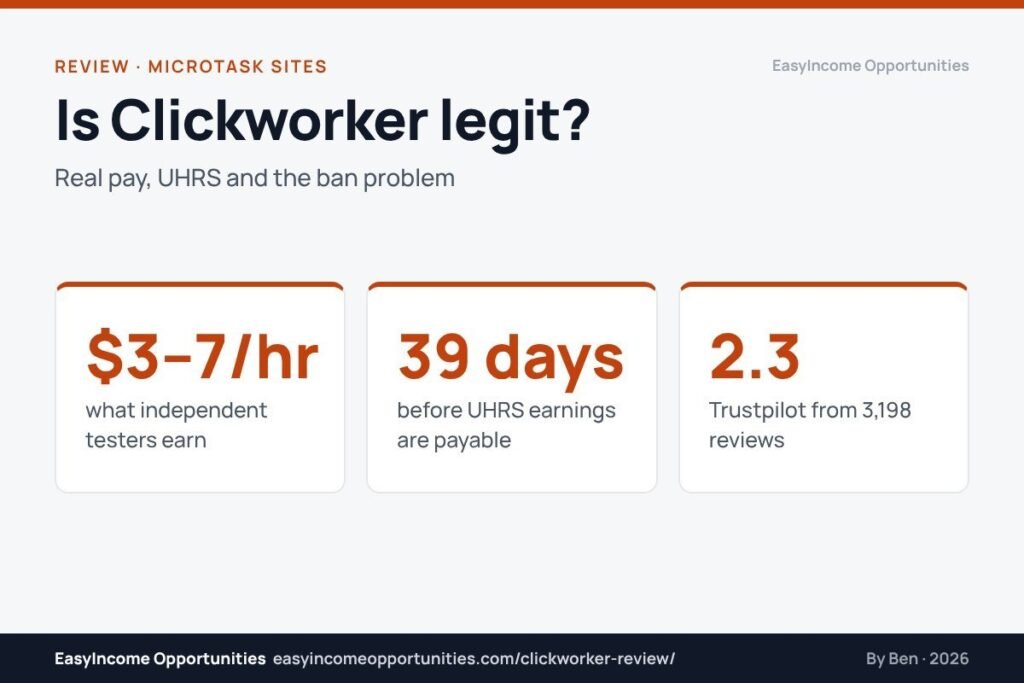 Clickworker review 2026 header: $3–7 an hour for testers, 39-day UHRS payout wait, 2.3 Trustpilot score