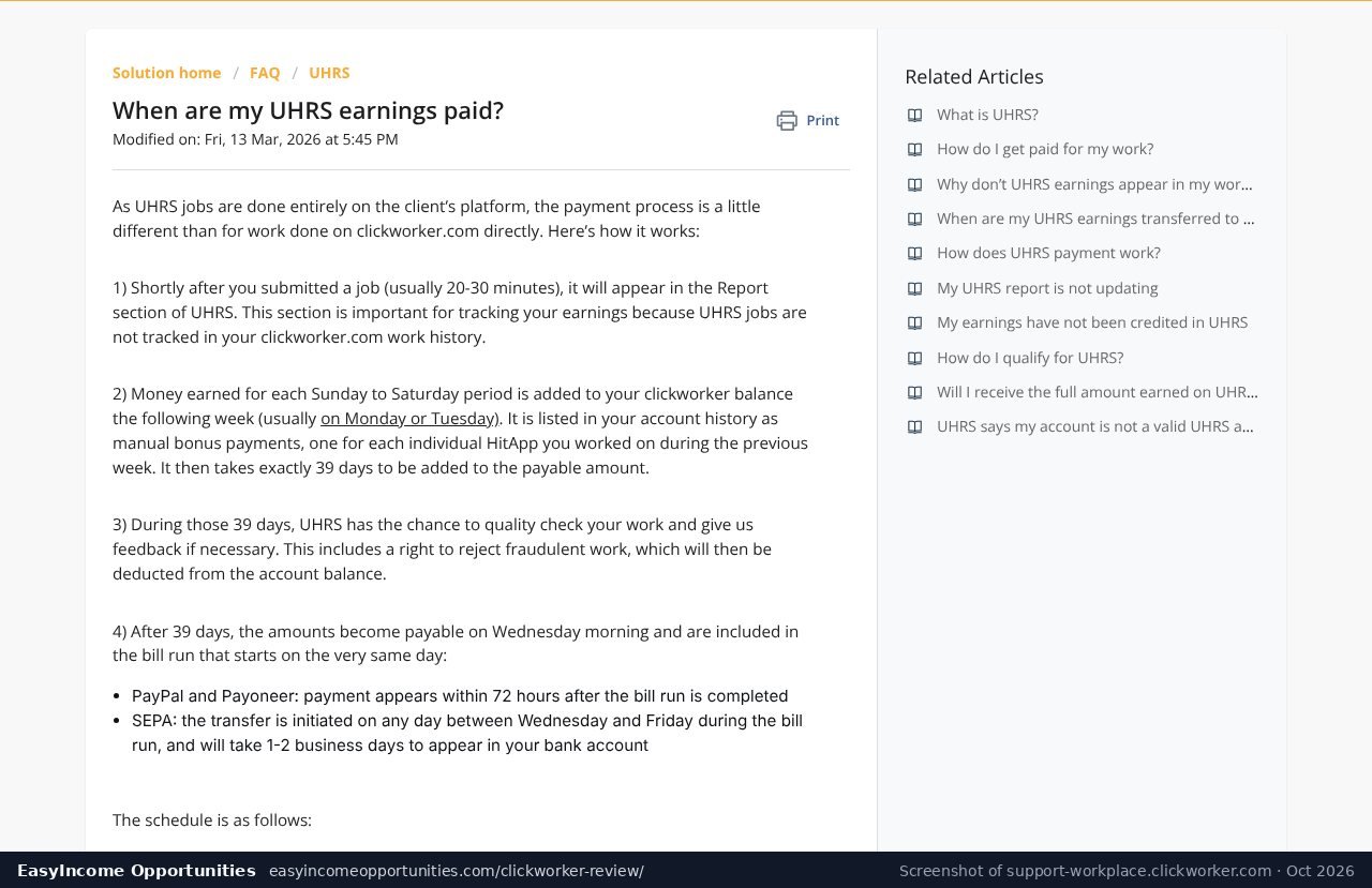 Clickworker help center explaining UHRS earnings take 39 days to become payable (screenshot, October 2026)