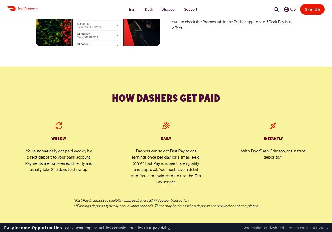 DoorDash Dasher pay page showing weekly pay, Fast Pay for $1.99 and DoorDash Crimson instant deposits (screenshot, October 2026)