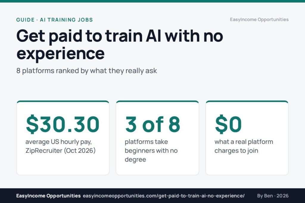 Get paid to train AI with no experience: $30.30 average hourly pay, 3 of 8 platforms open to beginners, $0 to join