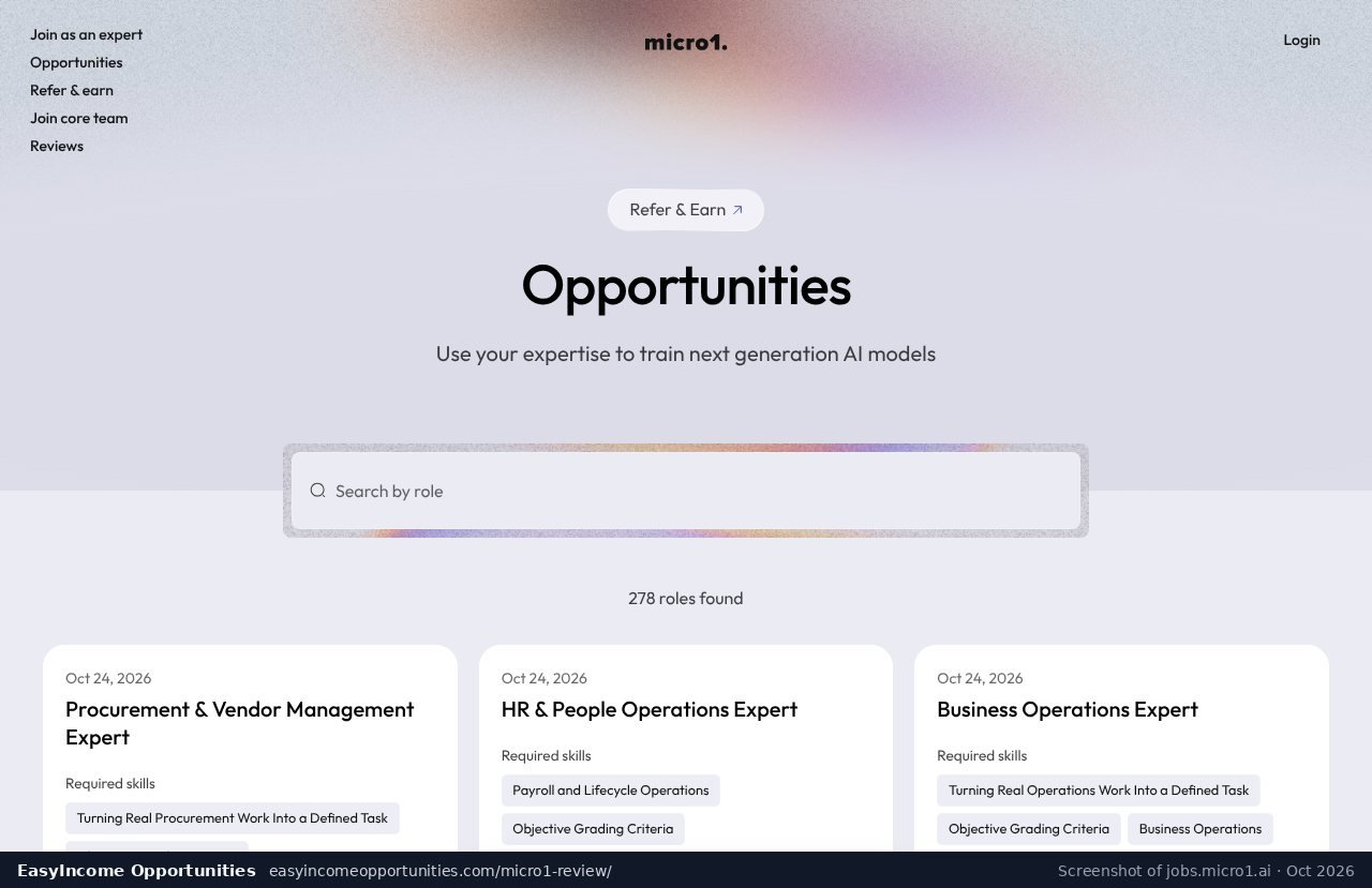 micro1 job board showing 278 open roles for AI training experts (screenshot, October 2026)