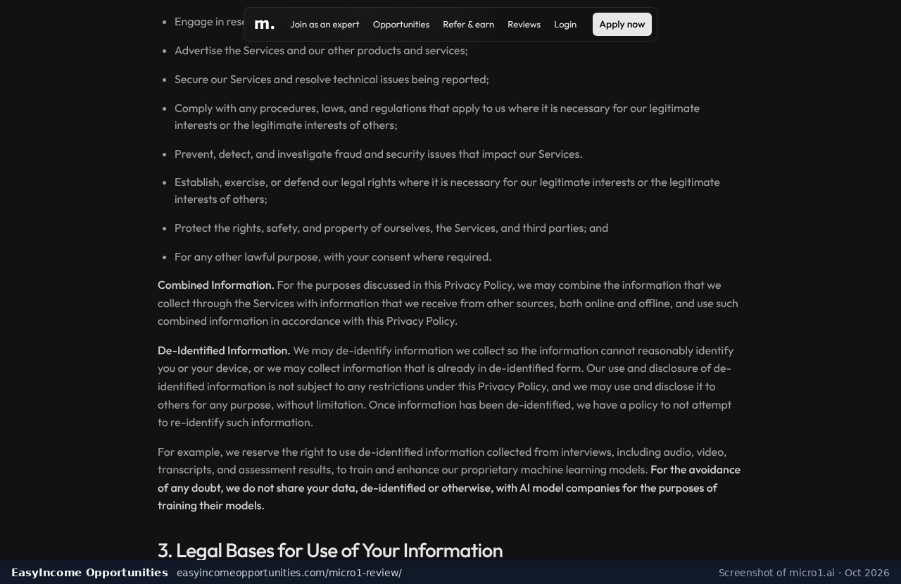 micro1 candidate privacy notice on using de-identified interview data to train its own models (screenshot, October 2026)