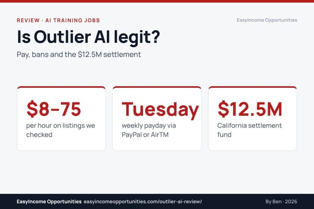 Outlier AI review 2026 header: $8–$75 per hour on listings, weekly Tuesday payouts, $12.5M California settlement