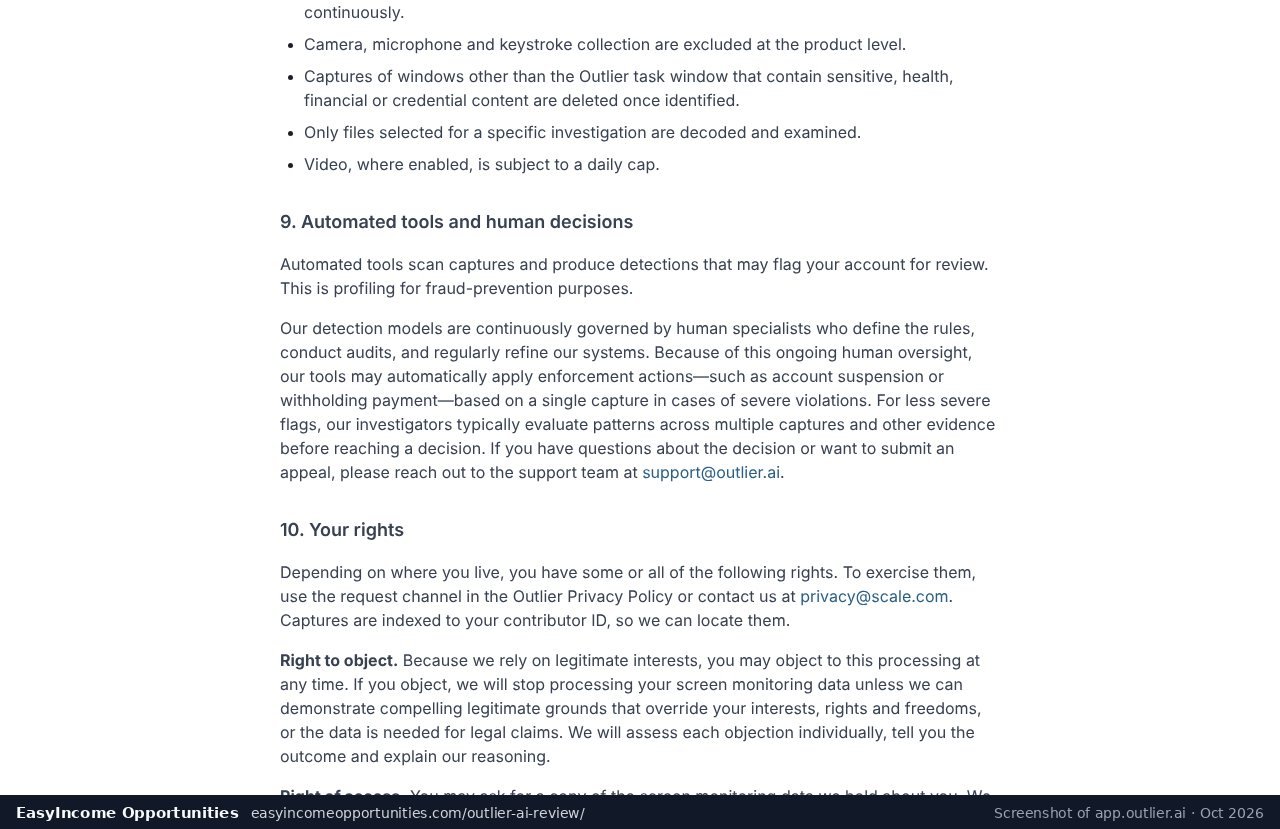 Outlier AI screen-monitoring notice: automated enforcement based on a single capture (screenshot, October 2026)