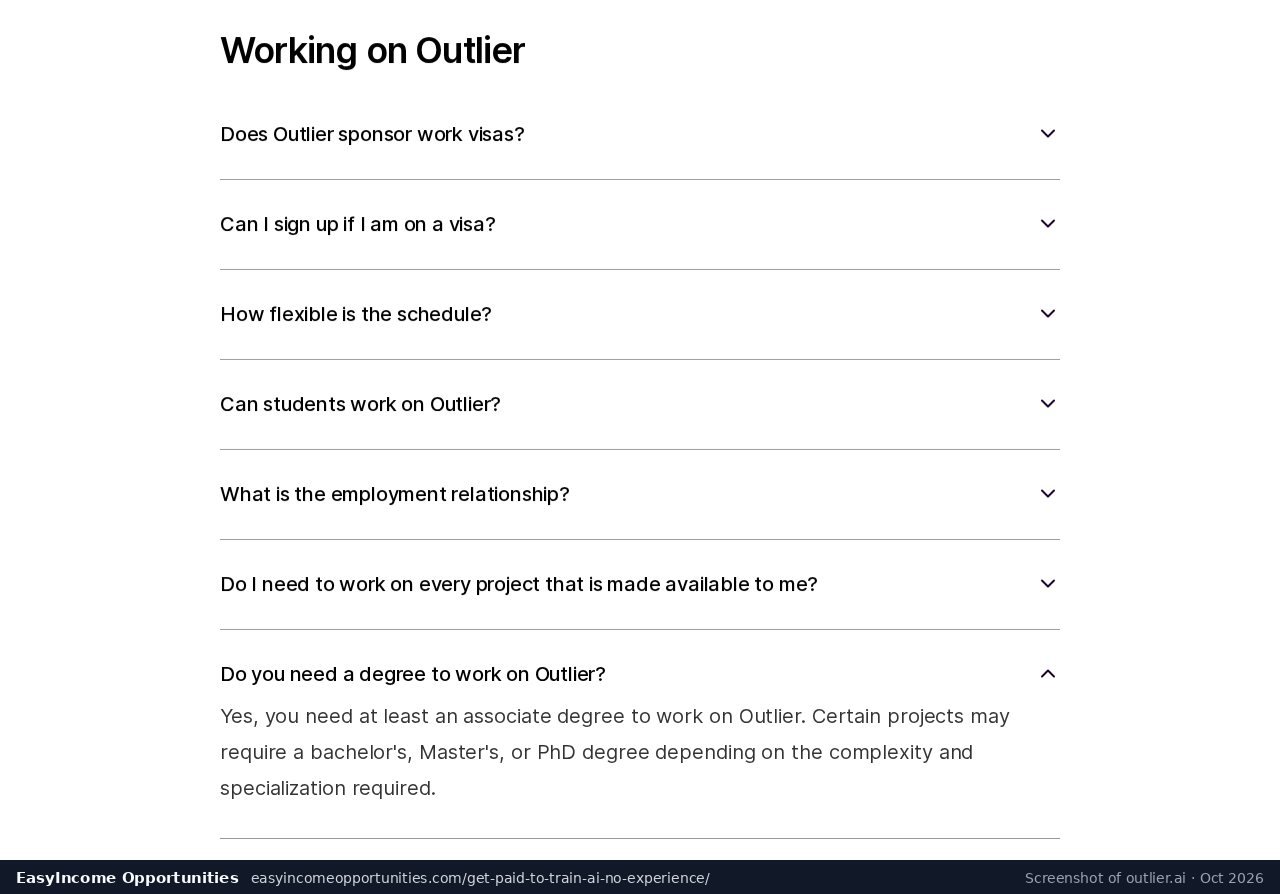 Outlier FAQ stating you need at least an associate degree to work on Outlier (screenshot, October 2026)