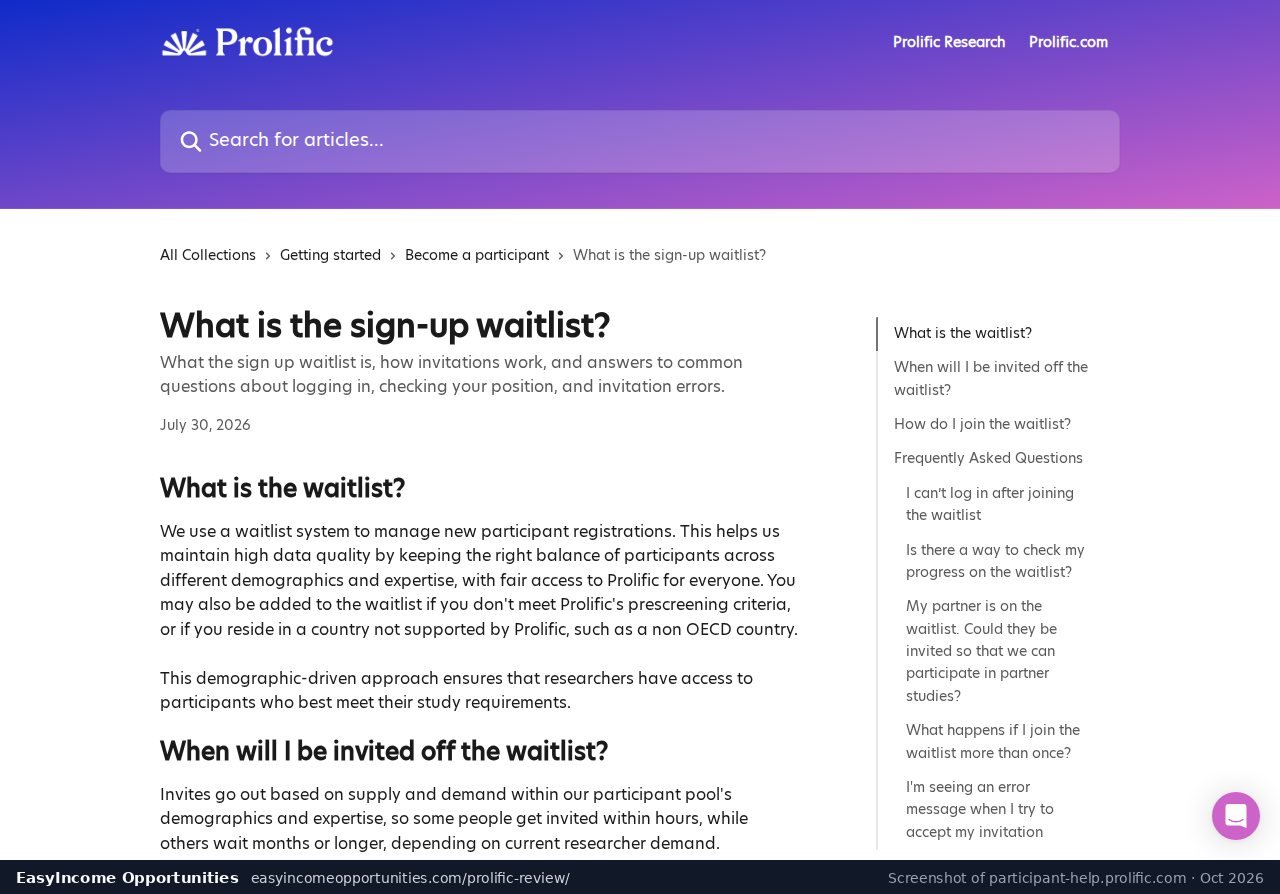 Prolific help article explaining the sign-up waitlist (screenshot, October 2026)