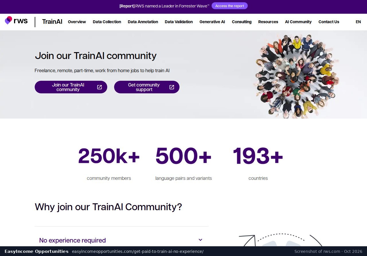 RWS TrainAI community page listing No experience required (screenshot, October 2026)