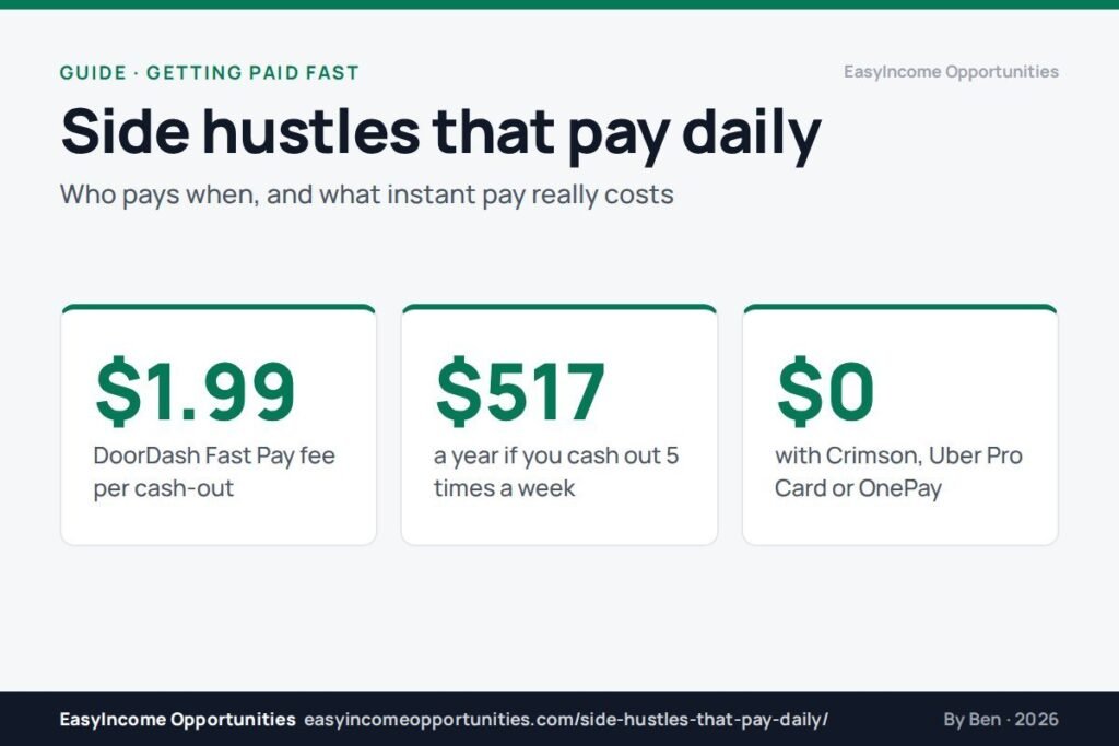 Side hustles that pay daily header: $1.99 DoorDash Fast Pay fee, $517 a year at 5 cash-outs a week, $0 with free instant accounts
