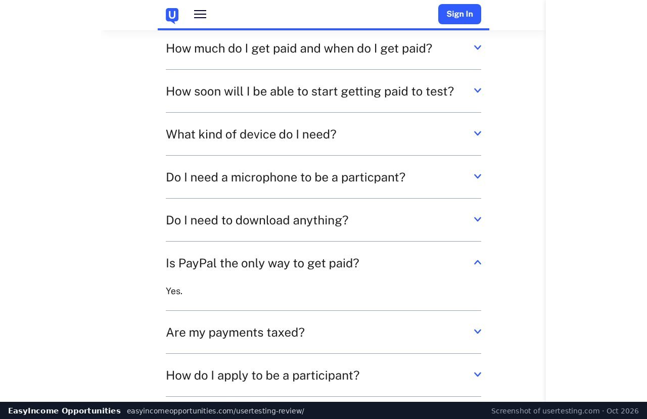 UserTesting contributor FAQ confirming PayPal is the only payout method (screenshot, October 2026)