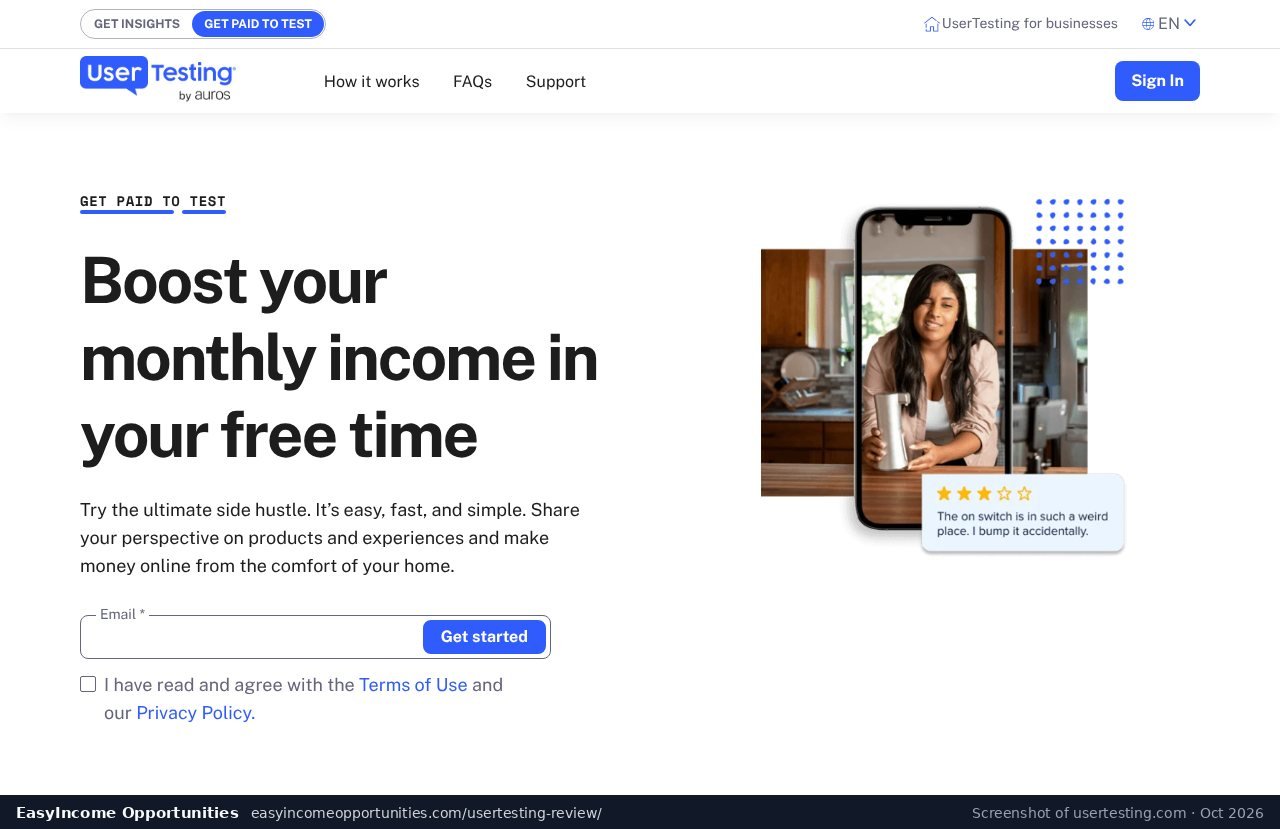 UserTesting get paid to test page with the by Auros logo (screenshot, October 2026)