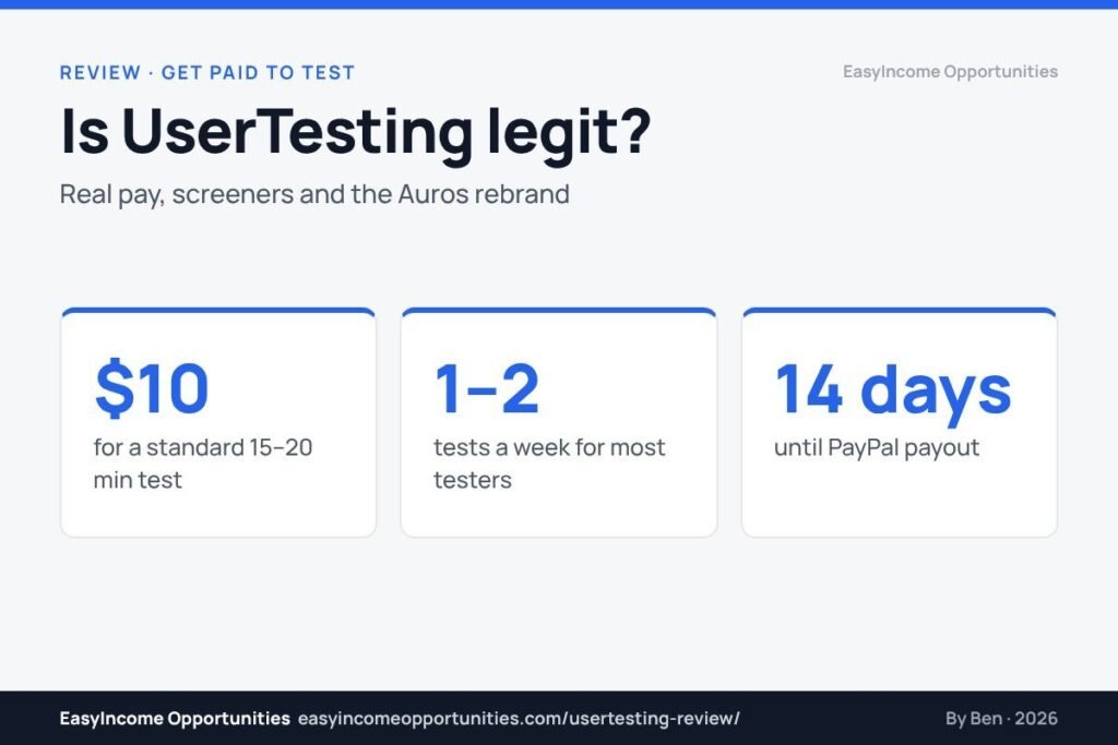 UserTesting review 2026 header: $10 per standard test, one to two tests a week, PayPal payout after 14 days
